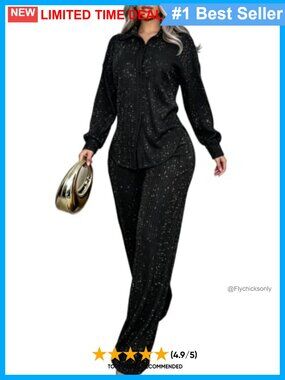 Rhinestone 2 Piece Outfit Long Sleeve Button Down Shirt Wide Leg Pants Set